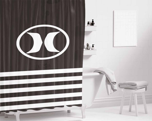 Hurley Black White Stripe Logo Bathroom Shower Curtain Fabric Waterproof | 66 X 72 Inch