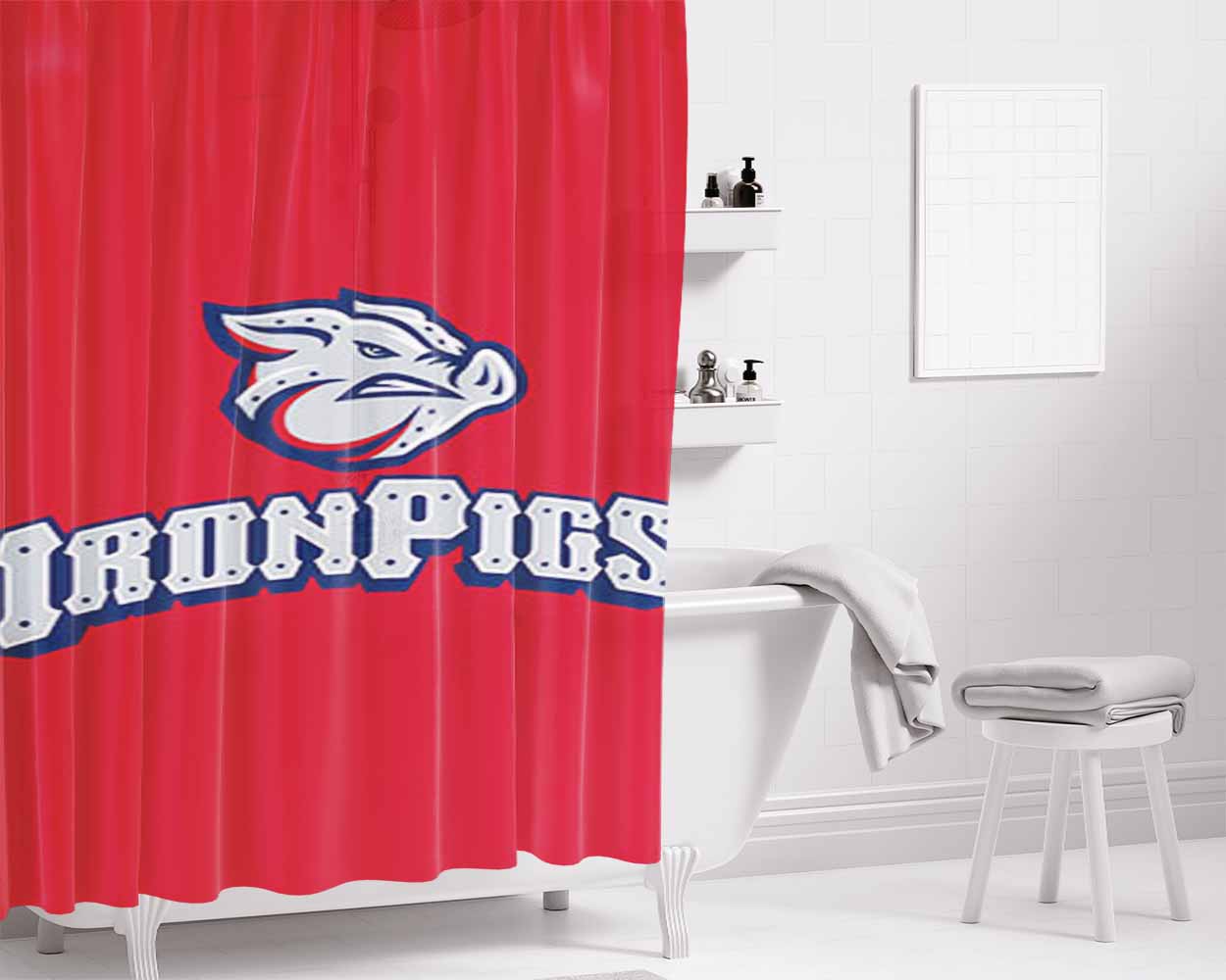 Ironpigs Baseball Logo Red Bathroom Shower Curtain Fabric Waterproof | 66 X 72 Inch