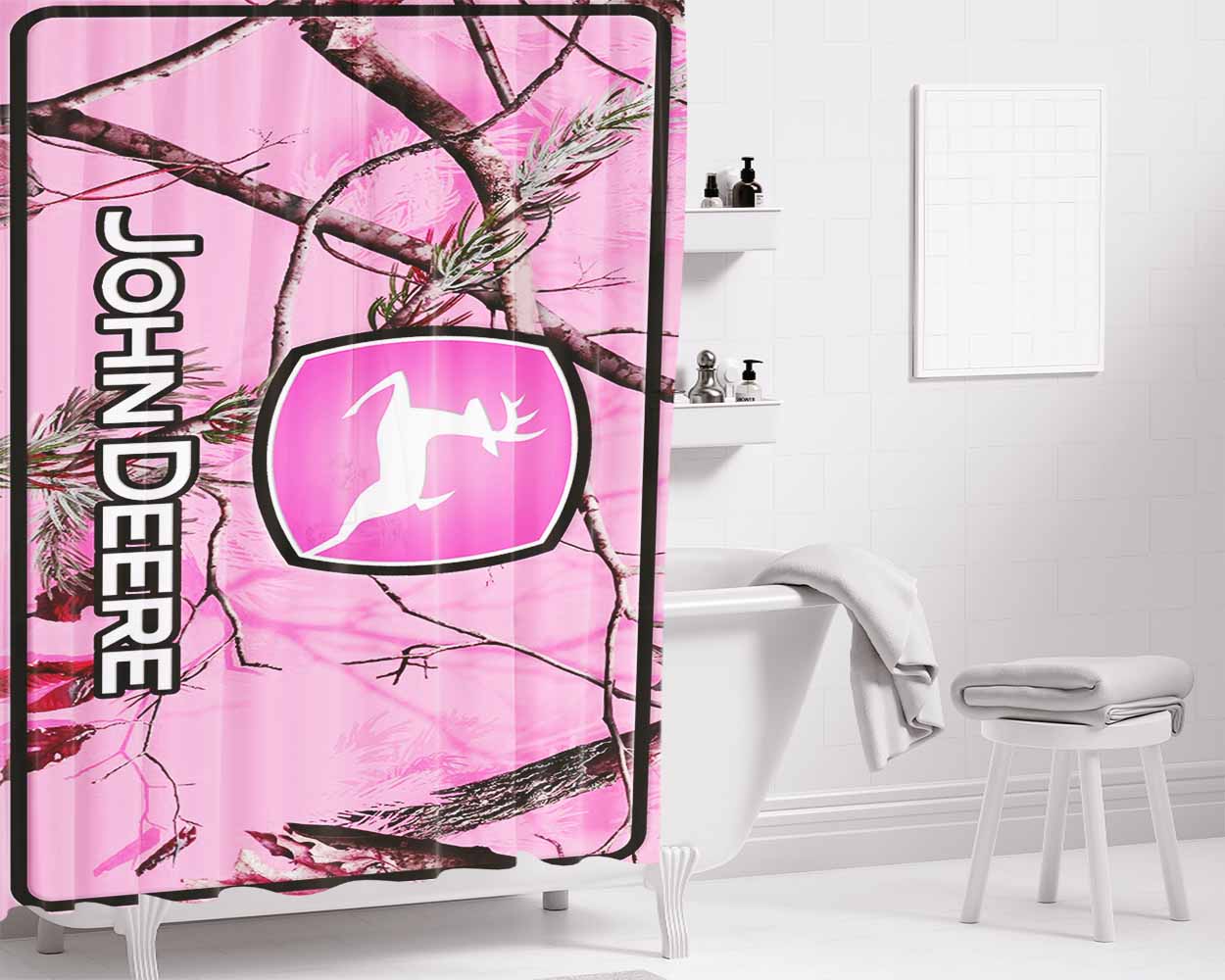 John Deere Pink Camo Bathroom Shower Curtain Fabric Waterproof | 66 X 72 Inch