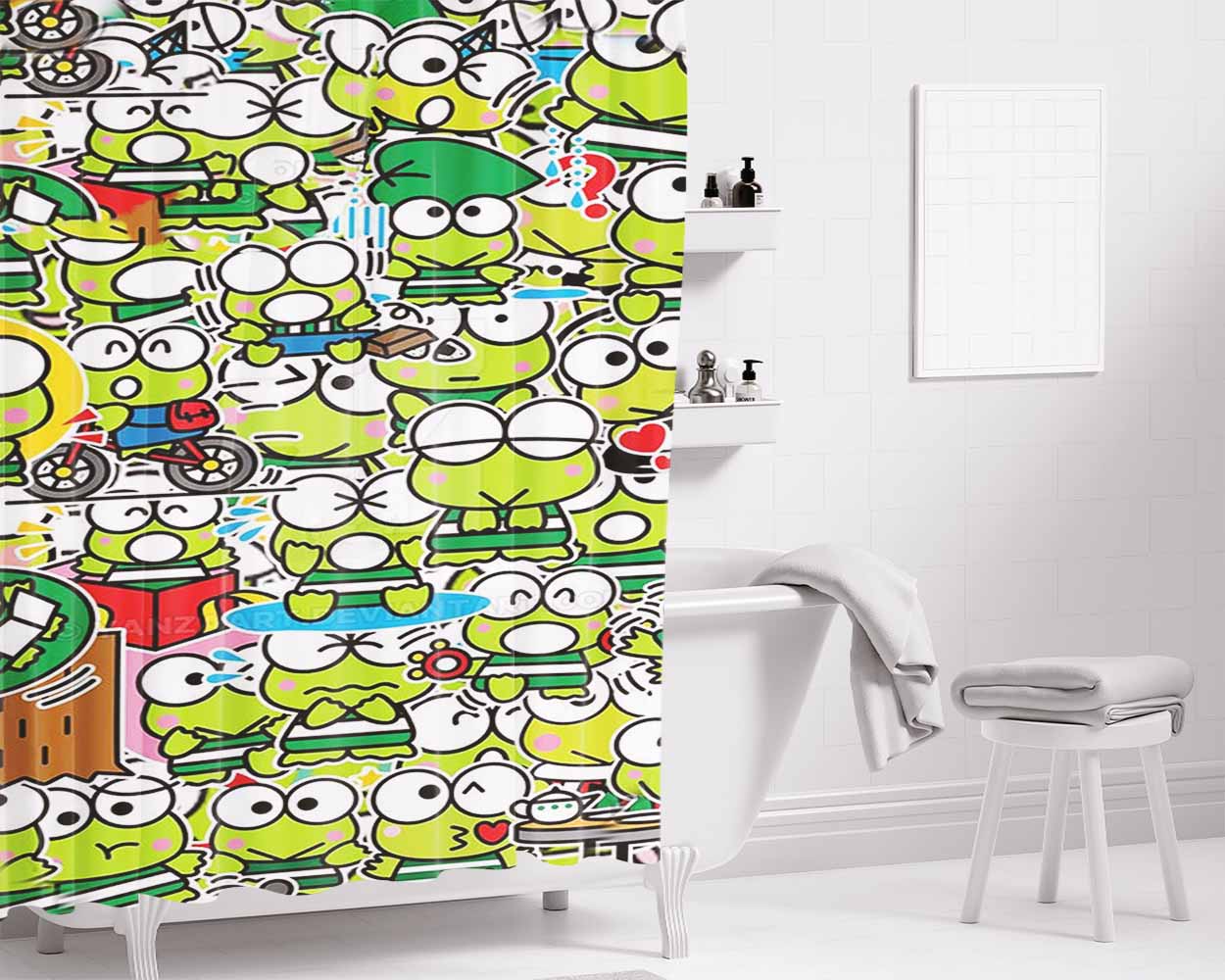 Keroppi Collage Bathroom Shower Curtain Fabric Waterproof | 66 X 72 Inch