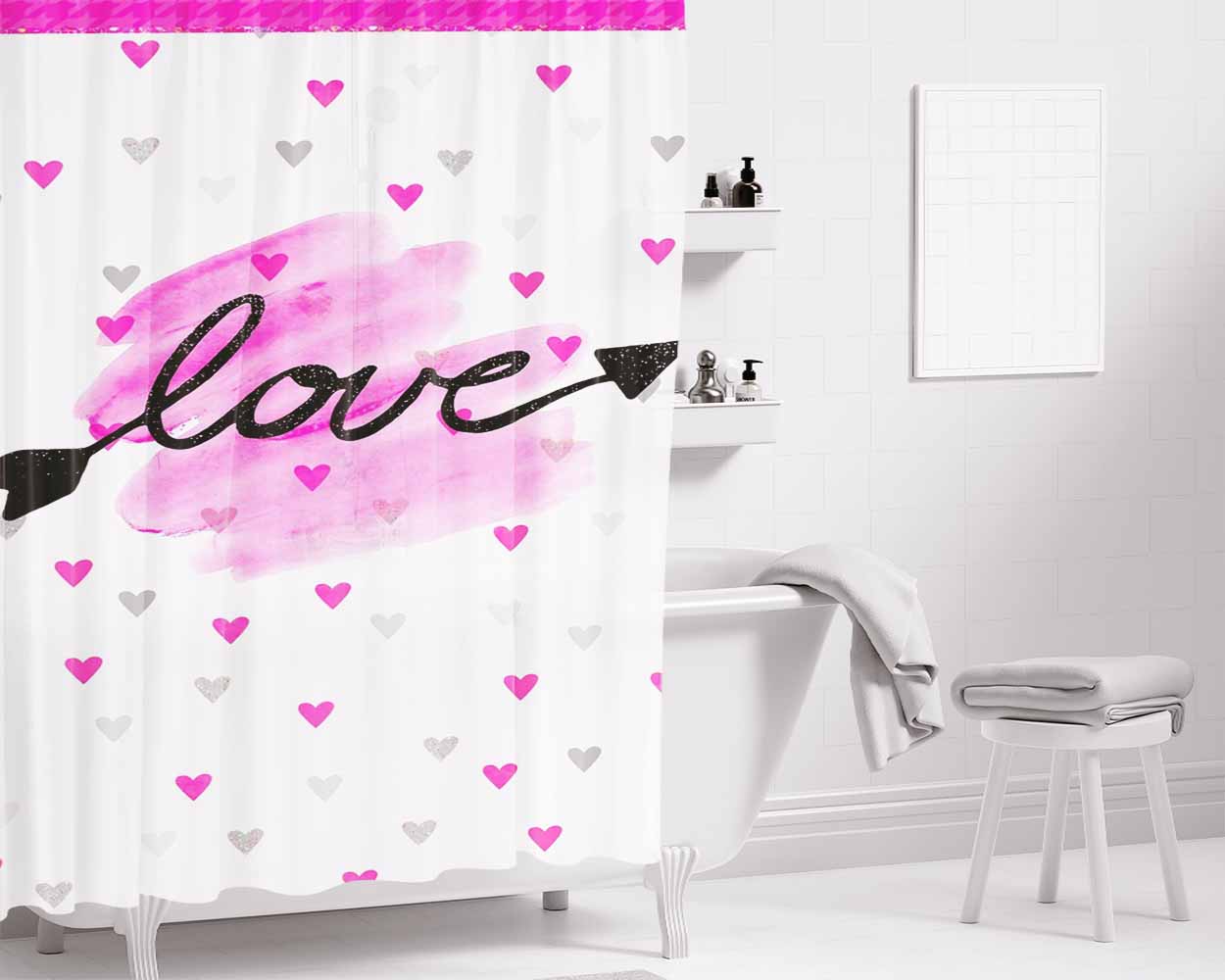 Kitty Pink Valentine Pattern Love Bathroom Shower Curtain Fabric Waterproof | 66 X 72 Inch
