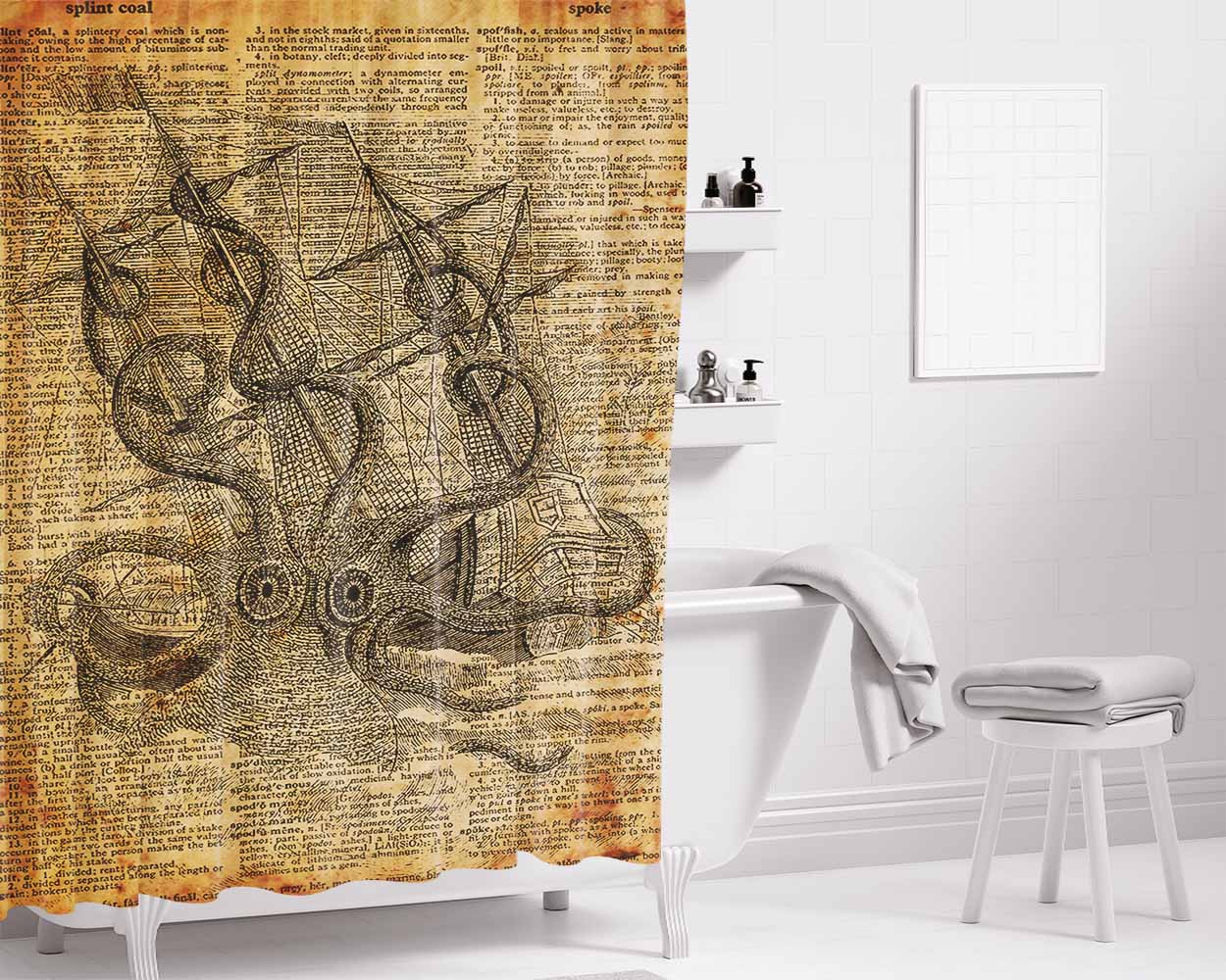 Kraken Attacking Ship Vintage Dict Bathroom Shower Curtain Fabric Waterproof | 66 X 72 Inch