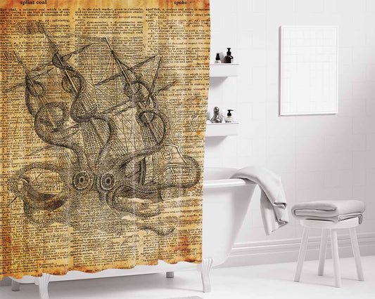 Kraken Attacking Ship Vintage Dict Bathroom Shower Curtain Fabric Waterproof | 66 X 72 Inch