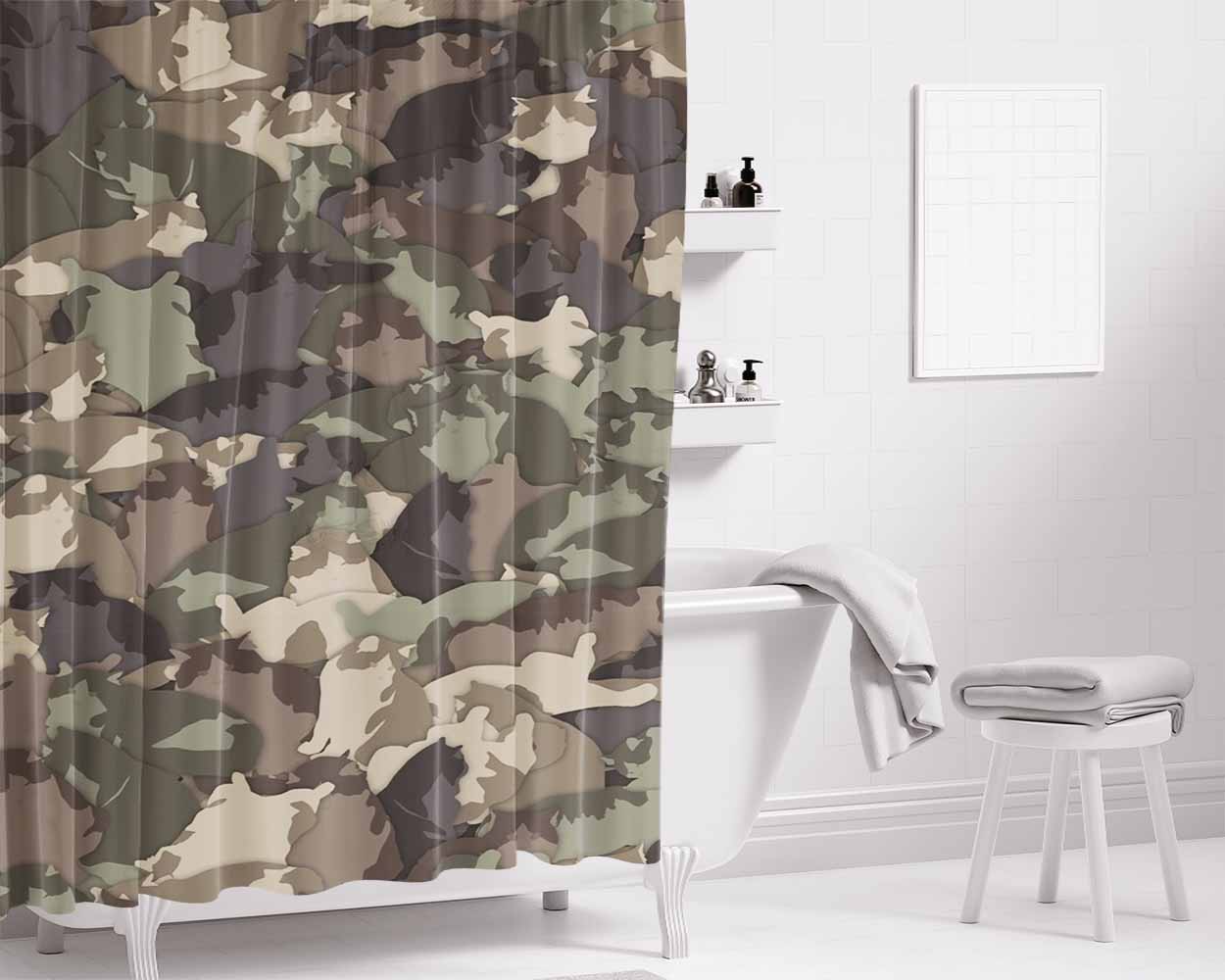 Lazy Cats Green Camouflage Bathroom Shower Curtain Fabric Waterproof | 66 X 72 Inch