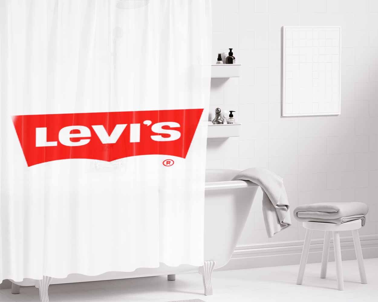 Levis White Bathroom Shower Curtain Fabric Waterproof | 66 X 72 Inch
