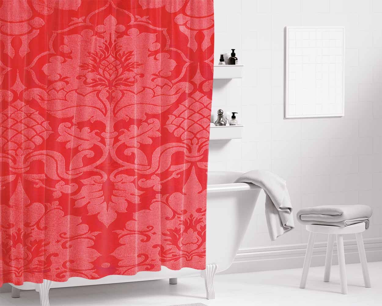 Light Red Damask Pattern Bathroom Shower Curtain Fabric Waterproof | 66 X 72 Inch