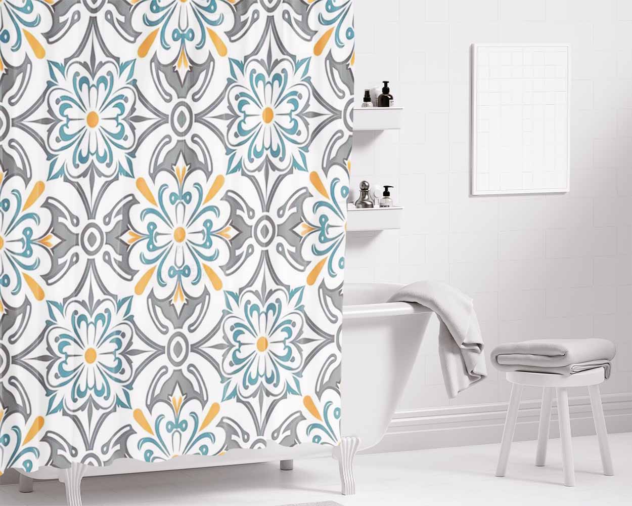 Loral Design In Gray And Orange Colors Bathroom Shower Curtain Fabric Waterproof | 66 X 72 Inch