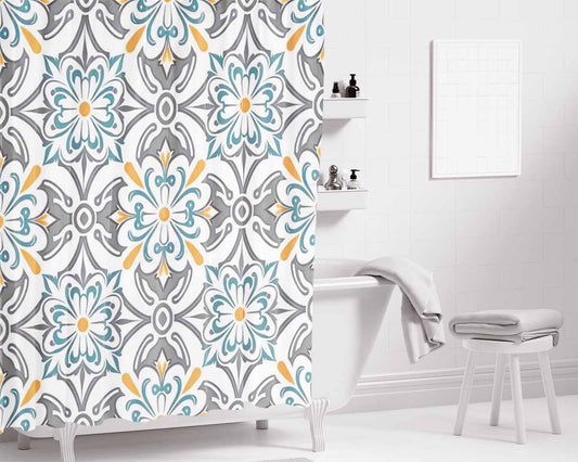 Loral Design In Gray And Orange Colors Bathroom Shower Curtain Fabric Waterproof | 66 X 72 Inch
