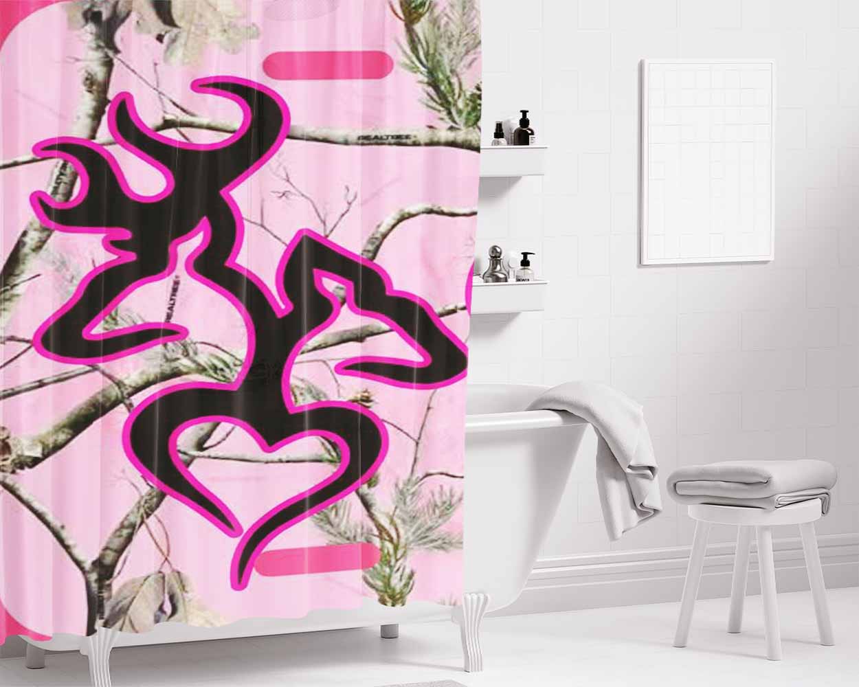 Love Browning Deer Camo Pink Bathroom Shower Curtain Fabric Waterproof | 66 X 72 Inch
