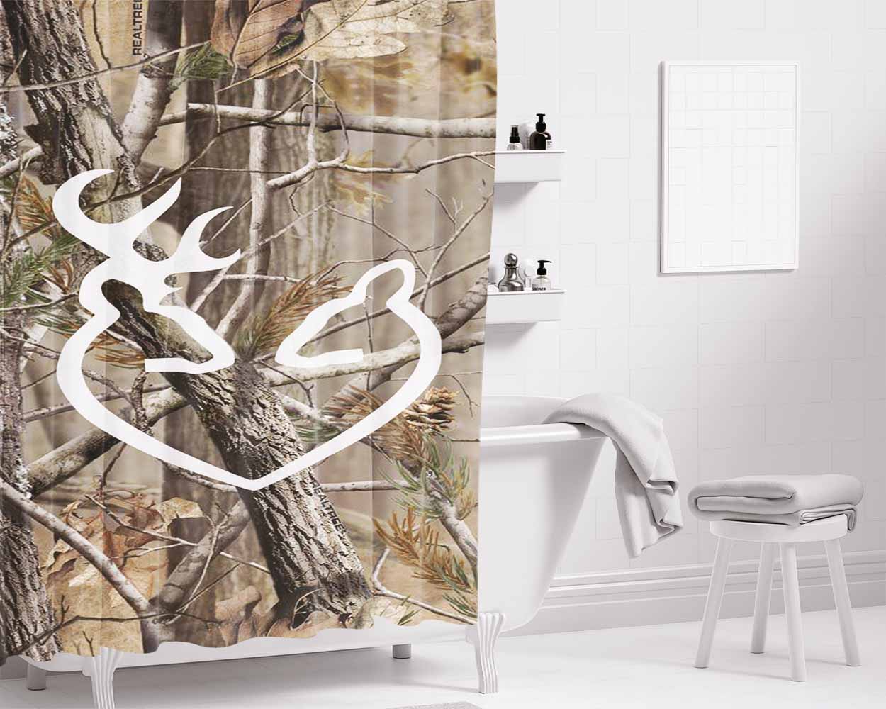 Love Browning Deer Camo Realtree Bathroom Shower Curtain Fabric Waterproof | 66 X 72 Inch