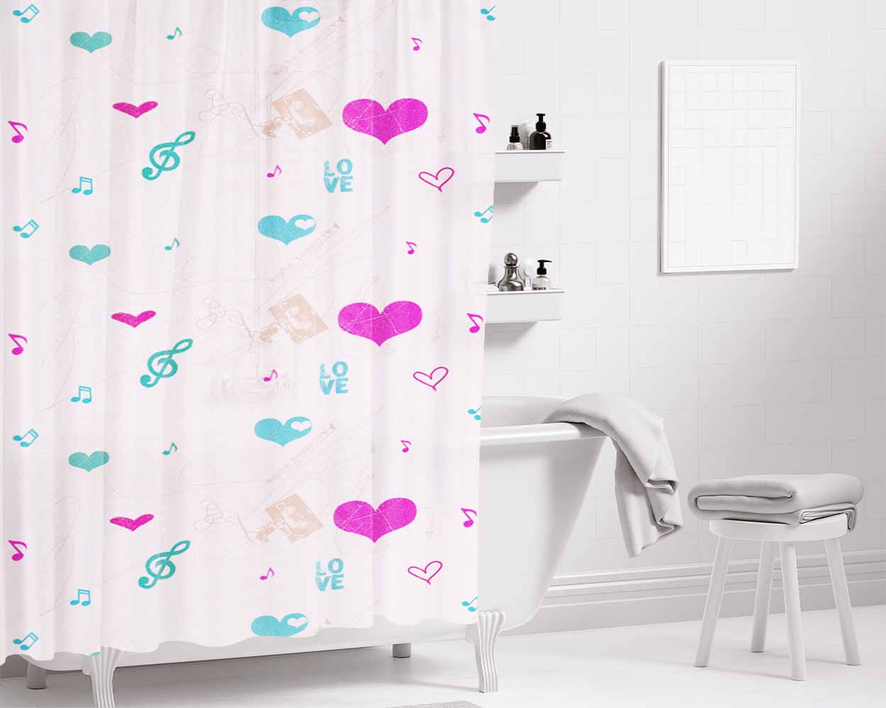 Love Pattern Bathroom Shower Curtain Fabric Waterproof | 66 X 72 Inch