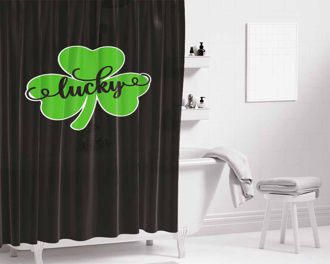 Lucky St Patricks Day Shamrock Clover Logo Birthday Gift Bathroom Shower Curtain Fabric Waterproof | 66 X 72 Inch