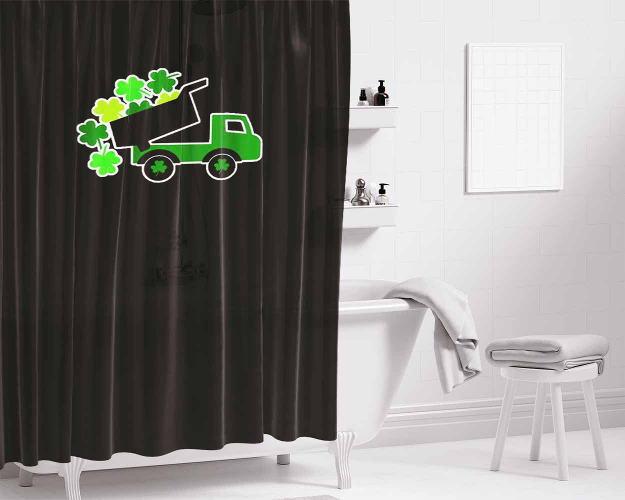 Lucky St Patricks Day Vintage Truck Clover Shamrock Bathroom Shower Curtain Fabric Waterproof | 66 X 72 Inch