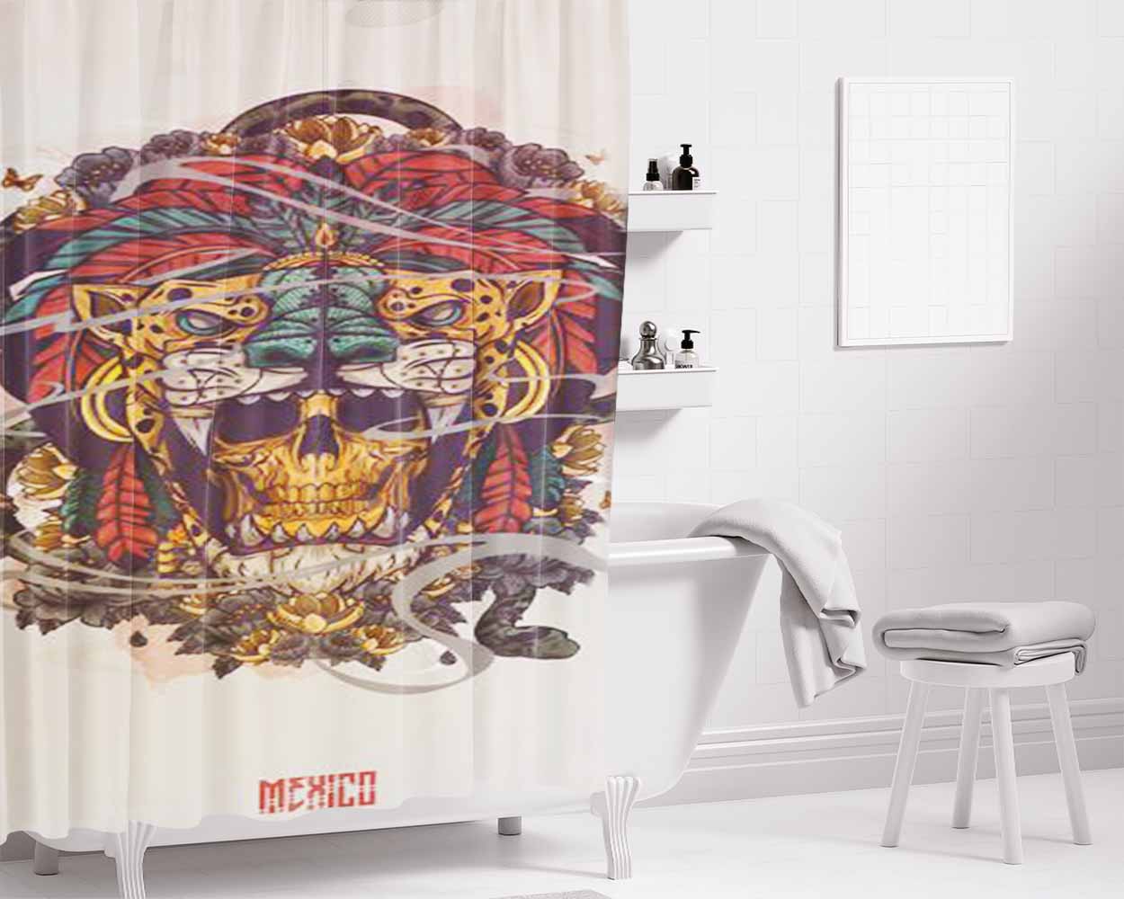 Mexico Tiger Skull Mask Bathroom Shower Curtain Fabric Waterproof | 66 X 72 Inch