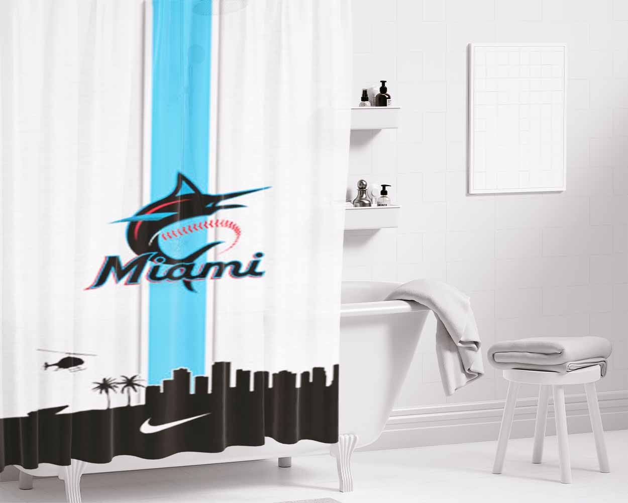 Miami Marlins Mlb Bathroom Shower Curtain Fabric Waterproof | 66 X 72 Inch