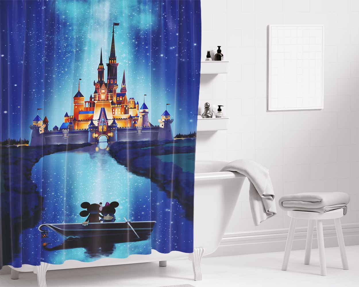 Mickey And Minnie Mouse At Castle Night Bathroom Shower Curtain Fabric Waterproof | 66 X 72 Inch