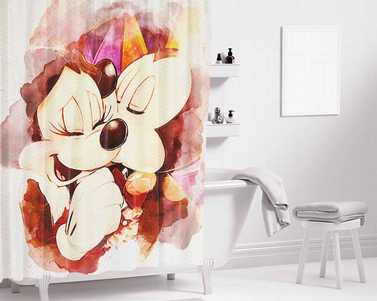 Mickey And Minnie Mouse Watercolour Bathroom Shower Curtain Fabric Waterproof | 66 X 72 Inch