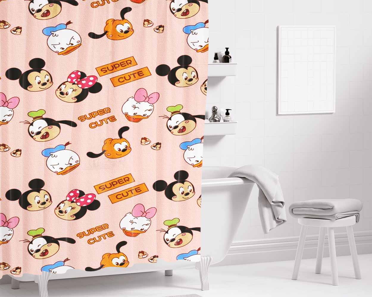 Mickey Minnie And Friends Cute Doodle Bathroom Shower Curtain Fabric Waterproof | 66 X 72 Inch