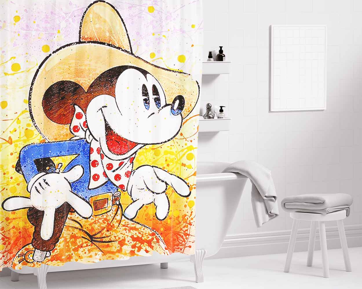 Mickey Mouse Brush Art Bathroom Shower Curtain Fabric Waterproof | 66 X 72 Inch