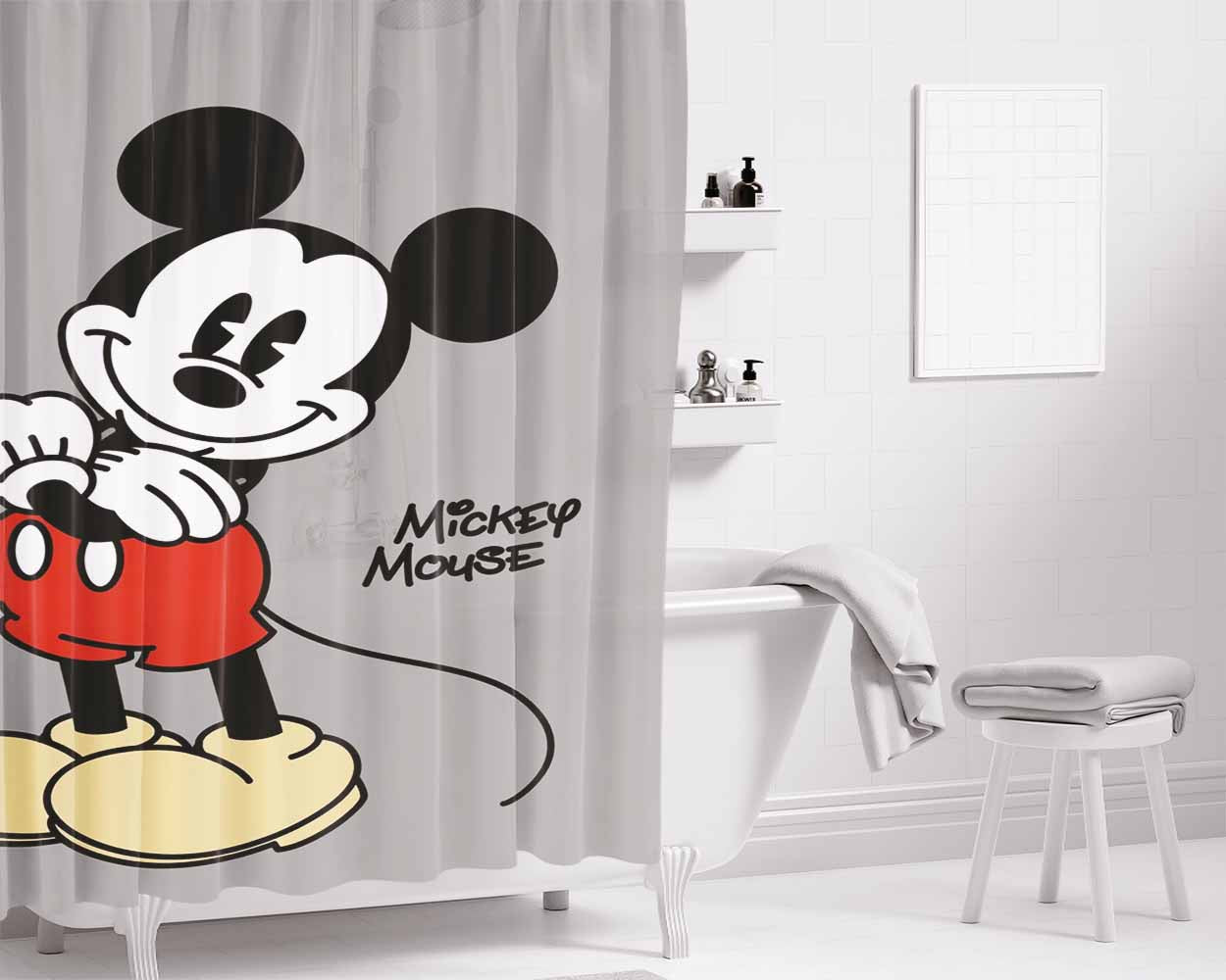 Mickey Mouse Grey Bathroom Shower Curtain Fabric Waterproof | 66 X 72 Inch