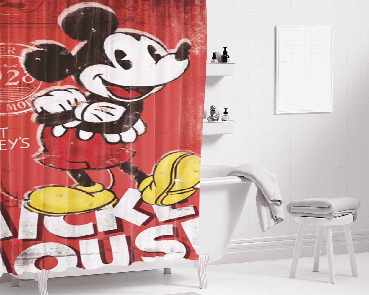 Mickey Mouse Retro Red Maxi Poster Bathroom Shower Curtain Fabric Waterproof | 66 X 72 Inch