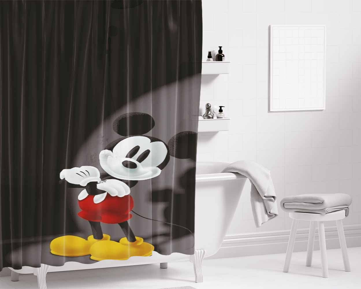 Mickey Mouse Spotlight Black Bathroom Shower Curtain Fabric Waterproof | 66 X 72 Inch