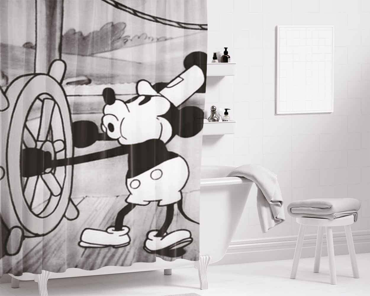 Mickey Mouse Steam Boat Willie Vintage Bathroom Shower Curtain Fabric Waterproof | 66 X 72 Inch