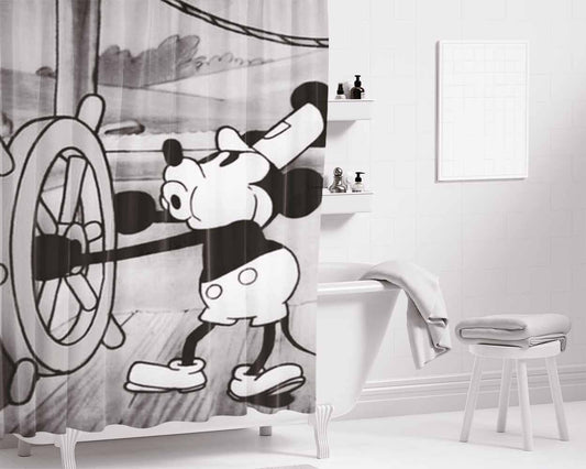 Mickey Mouse Steam Boat Willie Vintage Bathroom Shower Curtain Fabric Waterproof | 66 X 72 Inch