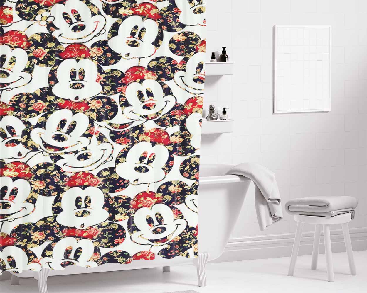 Micky Mouse Flower Bathroom Shower Curtain Fabric Waterproof | 66 X 72 Inch