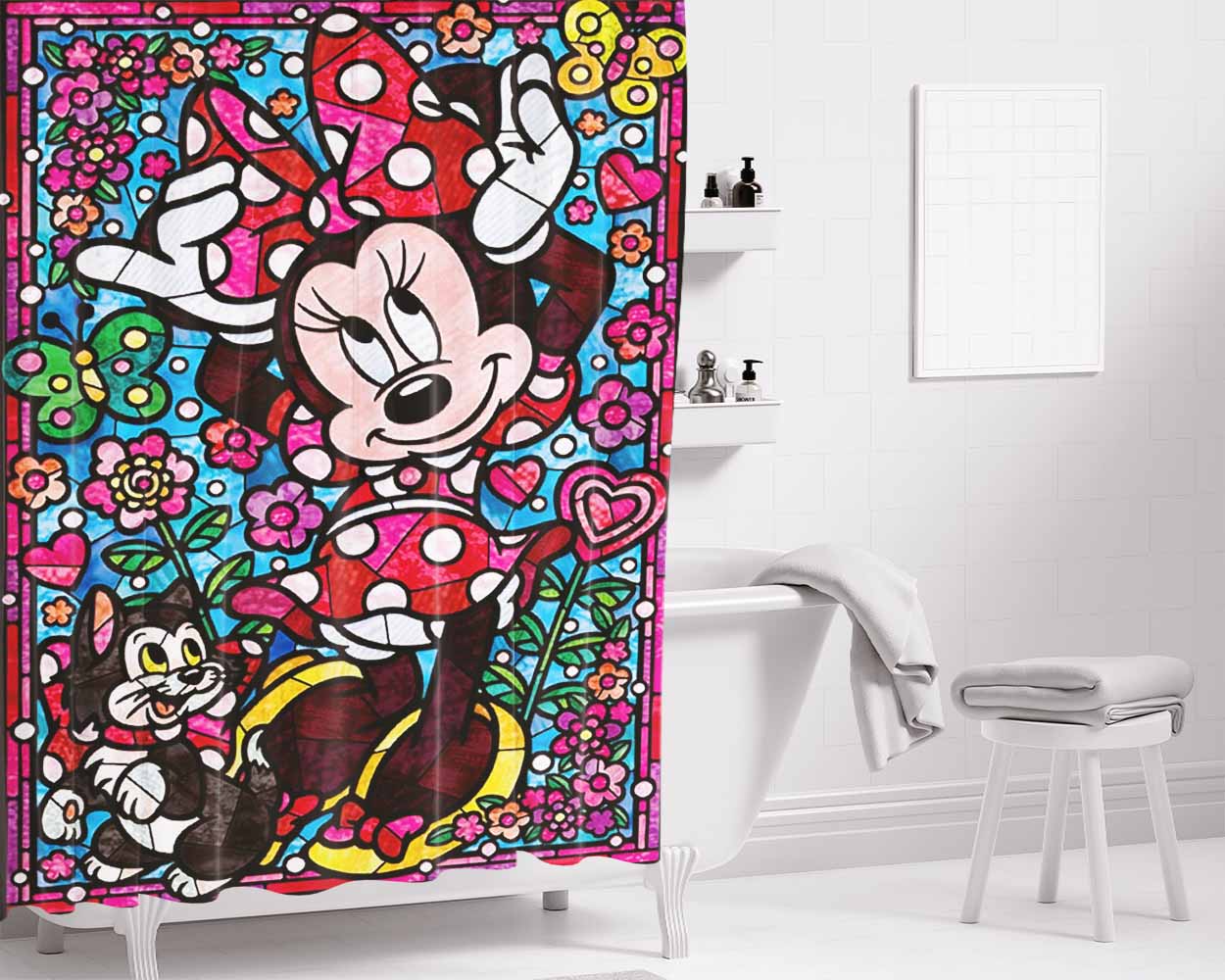 Minnie Mouse Stained Glass Bathroom Shower Curtain Fabric Waterproof | 66 X 72 Inch