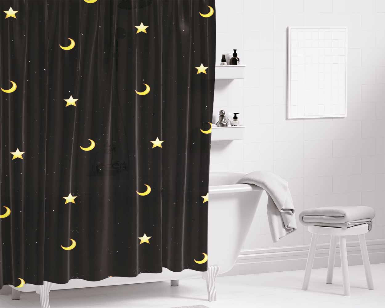 Moon And Star Pattern Bathroom Shower Curtain Fabric Waterproof | 66 X 72 Inch