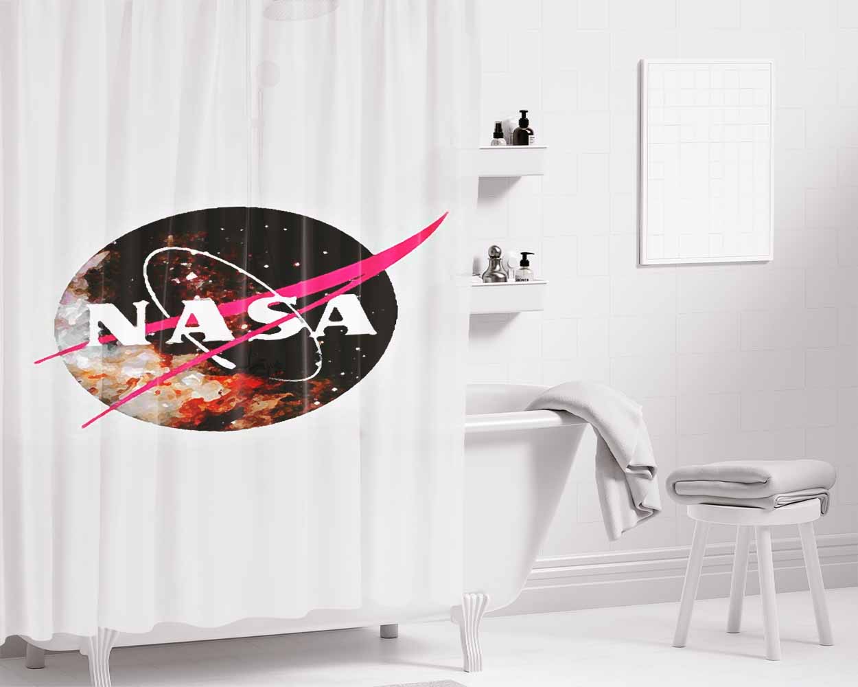Nasa Galaxy Night Logo Bathroom Shower Curtain Fabric Waterproof | 66 X 72 Inch
