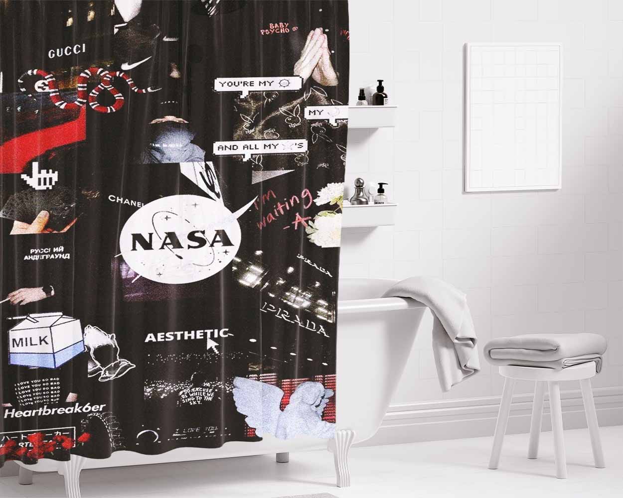 Nasa Rock N Roll Kolase Bathroom Shower Curtain Fabric Waterproof | 66 X 72 Inch