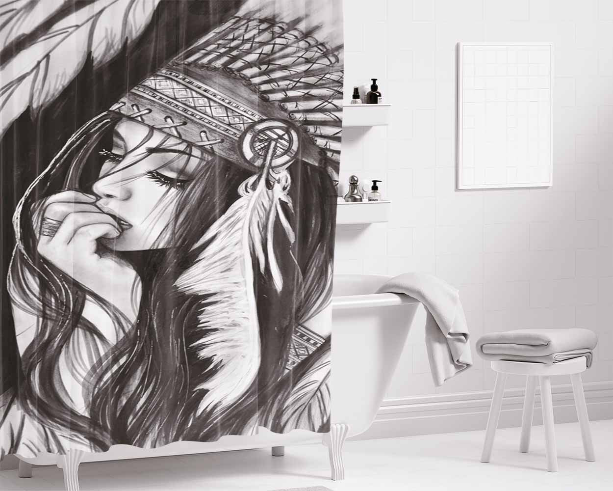 Native American Girl Drawing Bathroom Shower Curtain Fabric Waterproof | 66 X 72 Inch