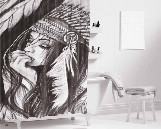 Native American Girl Drawing Bathroom Shower Curtain Fabric Waterproof | 66 X 72 Inch
