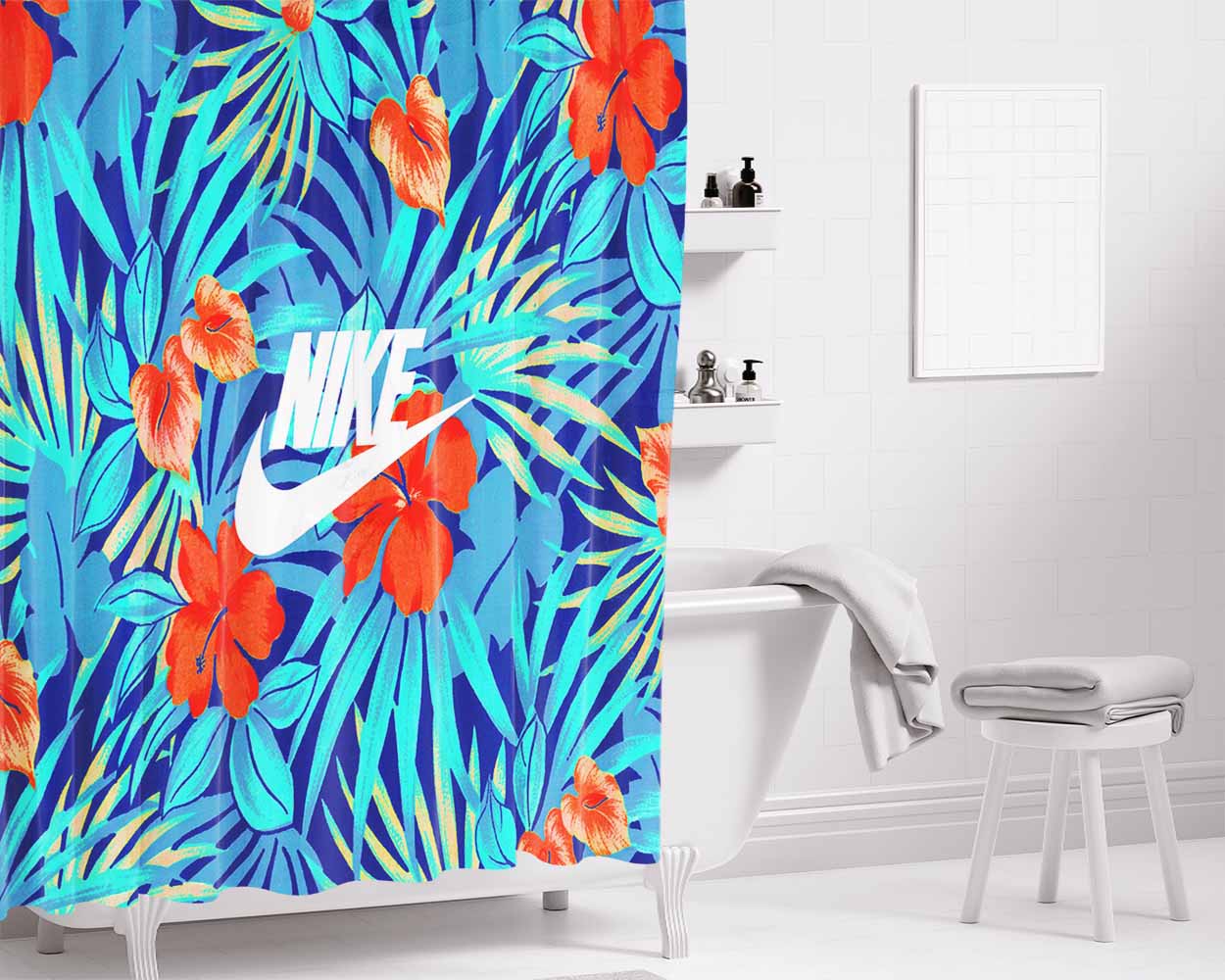 Nike Blue Flower Bathroom Shower Curtain Fabric Waterproof | 66 X 72 Inch