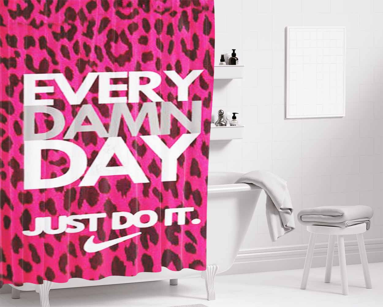 Nike Do It Every Day Pink Leapord Bathroom Shower Curtain Fabric Waterproof | 66 X 72 Inch