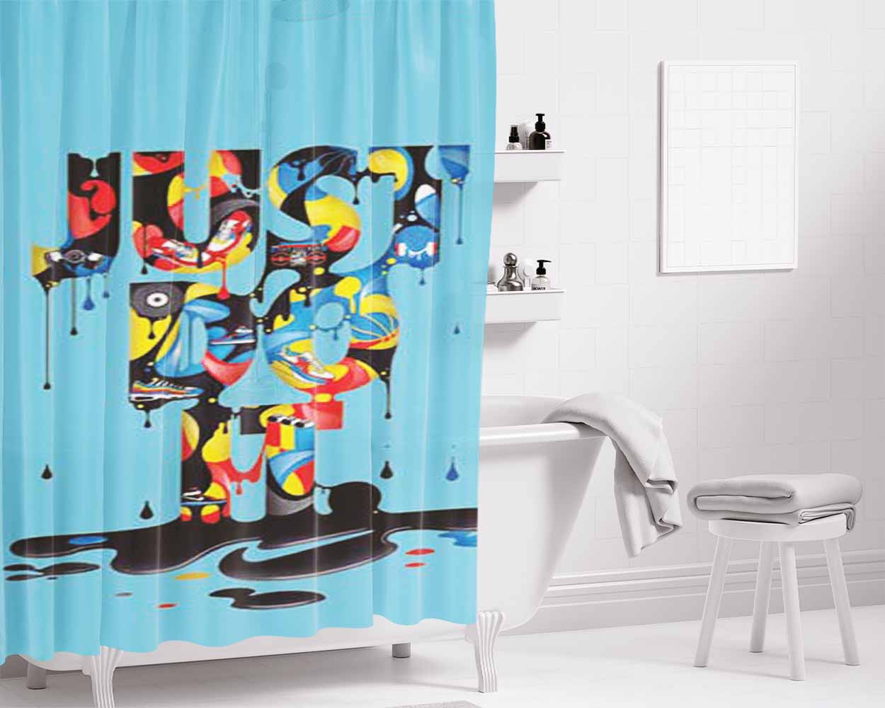 Nike Just Do It Paint Blue Bg Bathroom Shower Curtain Fabric Waterproof | 66 X 72 Inch