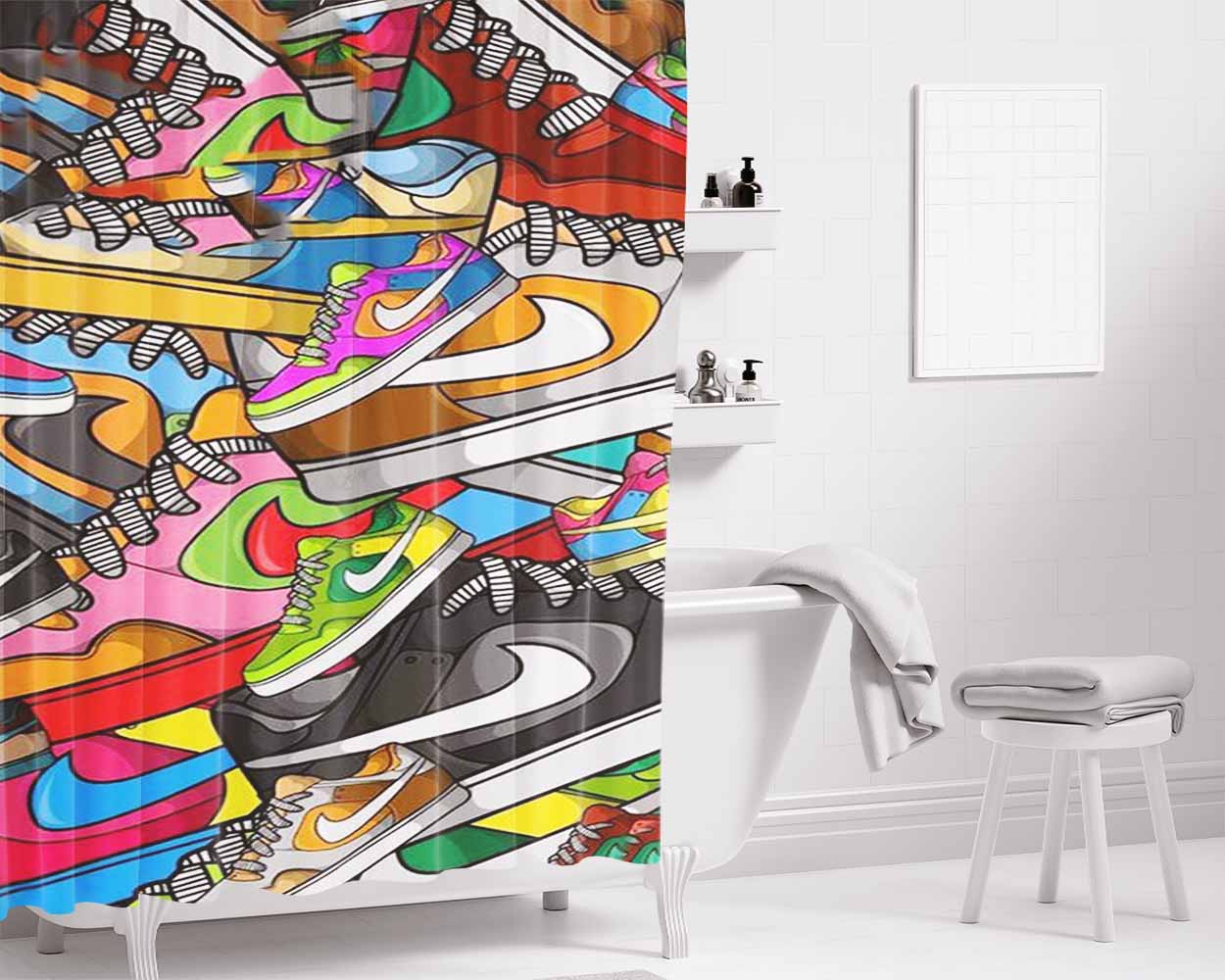 Nike Sneakers Bathroom Shower Curtain Fabric Waterproof | 66 X 72 Inch