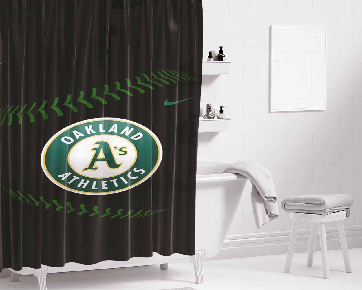 Oakland Athletics Mlb Black Bathroom Shower Curtain Fabric Waterproof | 66 X 72 Inch
