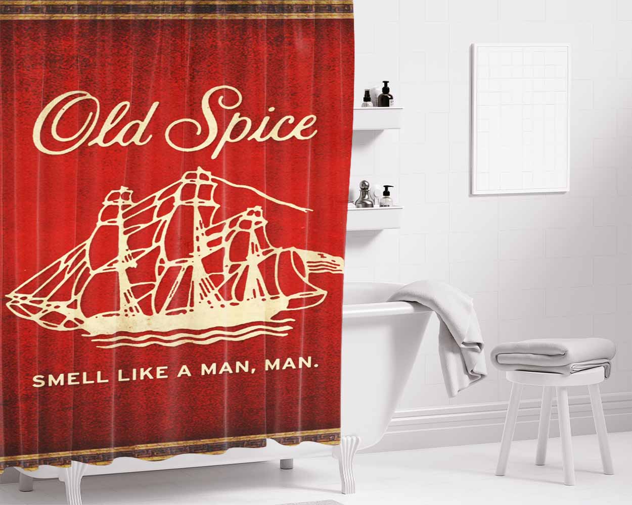 Old Spice Cosmetics Brand Bathroom Shower Curtain Fabric Waterproof | 66 X 72 Inch