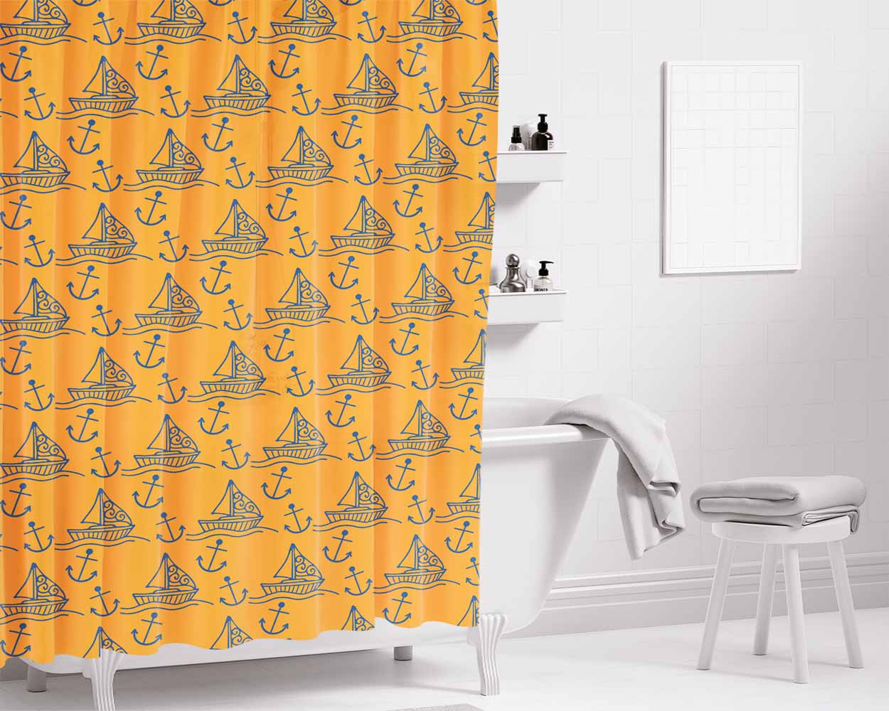 Orange Blue Sailor Ship Pattern Bathroom Shower Curtain Fabric Waterproof | 66 X 72 Inch