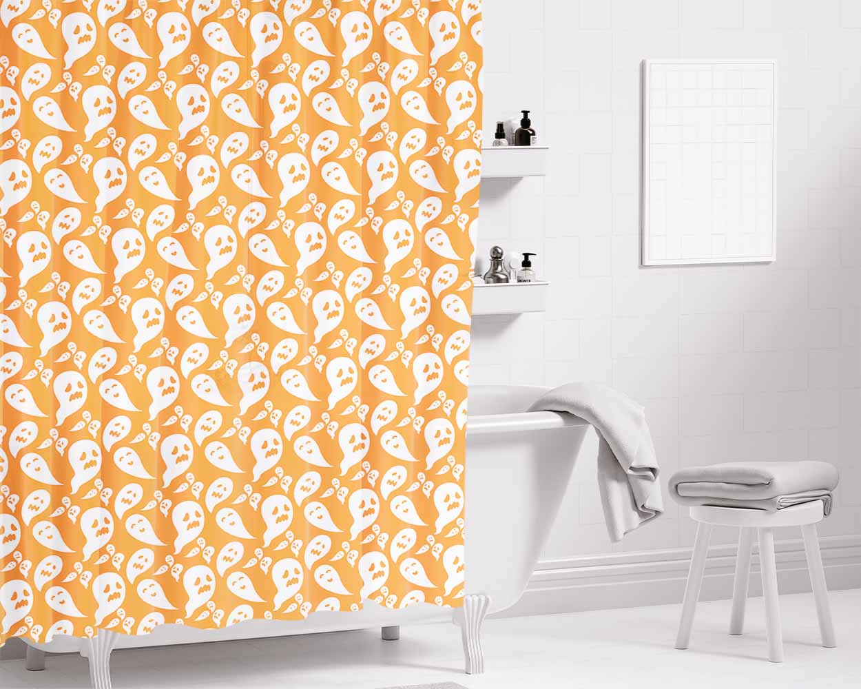 Orange Ghosts Pattern Halloween Bathroom Shower Curtain Fabric Waterproof | 66 X 72 Inch
