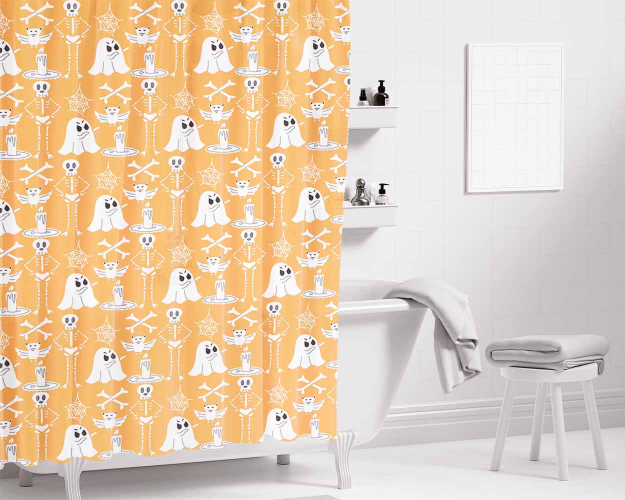 Orange Pattern Halloween Ghost Skeleton Bathroom Shower Curtain Fabric Waterproof | 66 X 72 Inch