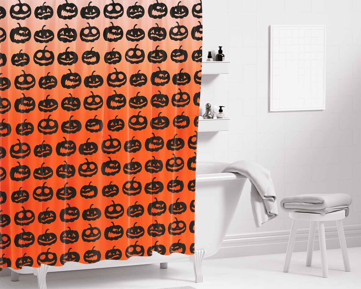 Orange Pumpkins Pattern Silhouette Collections Bathroom Shower Curtain Fabric Waterproof | 66 X 72 Inch