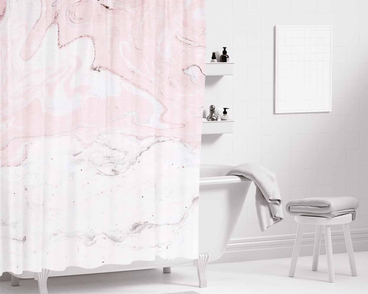 Pastel Liqiud White Pink Marble Bathroom Shower Curtain Fabric Waterproof | 66 X 72 Inch