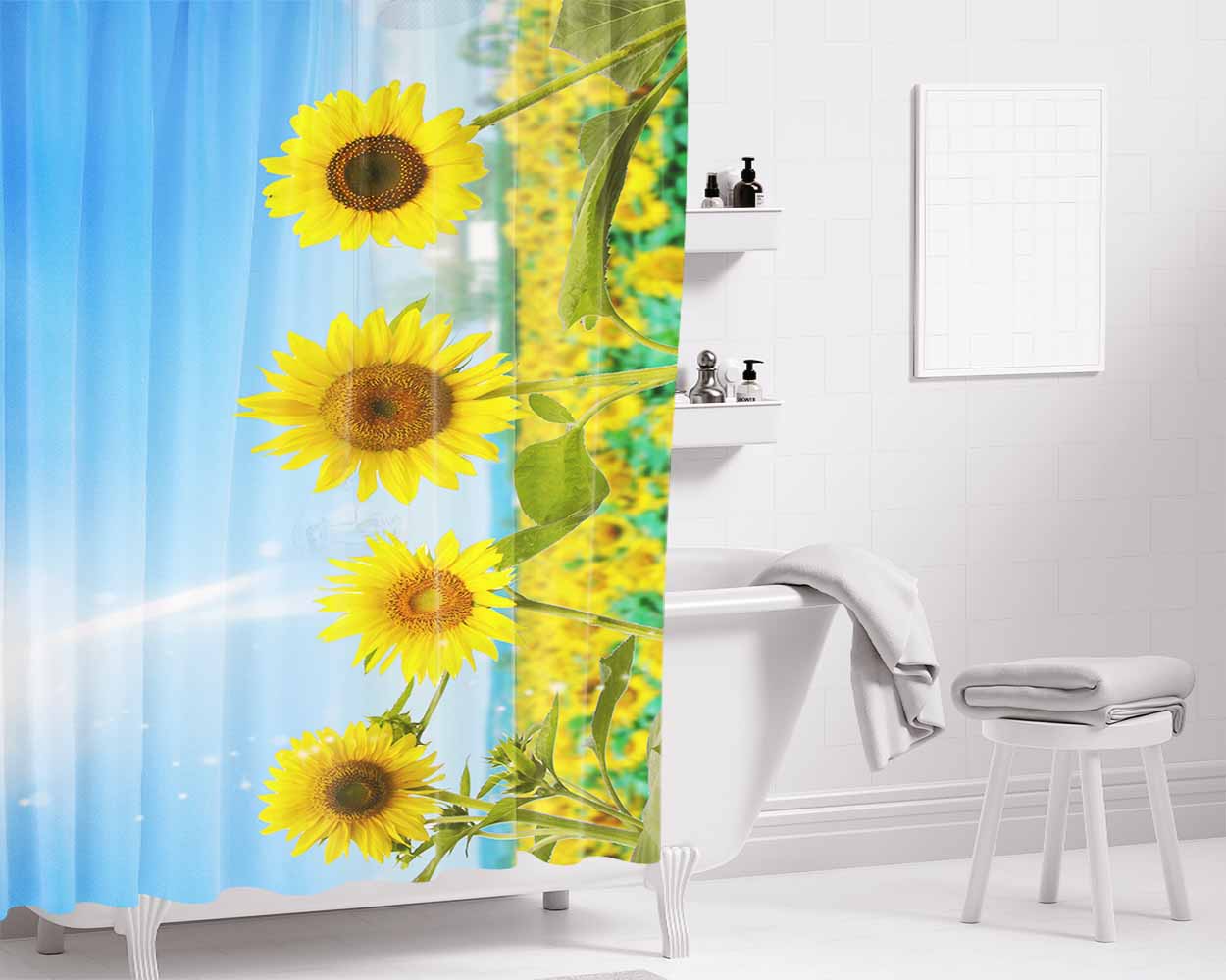 Pattern Sun Flower Bathroom Shower Curtain Fabric Waterproof | 66 X 72 Inch