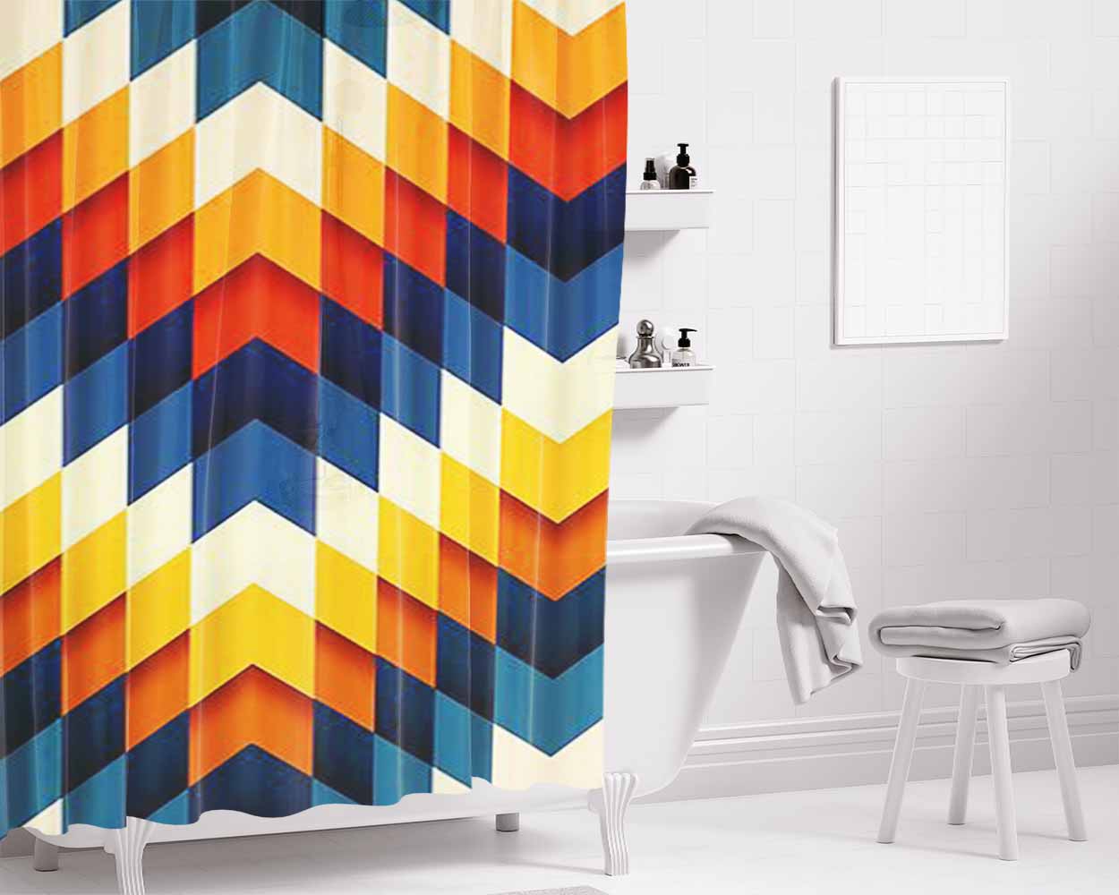 Pattern Tellow White Blue Bathroom Shower Curtain Fabric Waterproof | 66 X 72 Inch