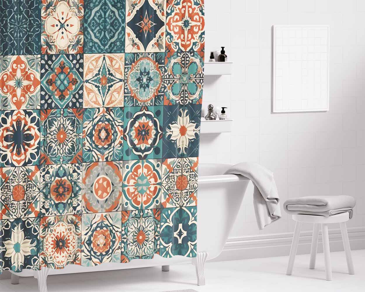 Patterns With A Traditional Spanish Tile Bathroom Shower Curtain Fabric Waterproof | 66 X 72 Inch