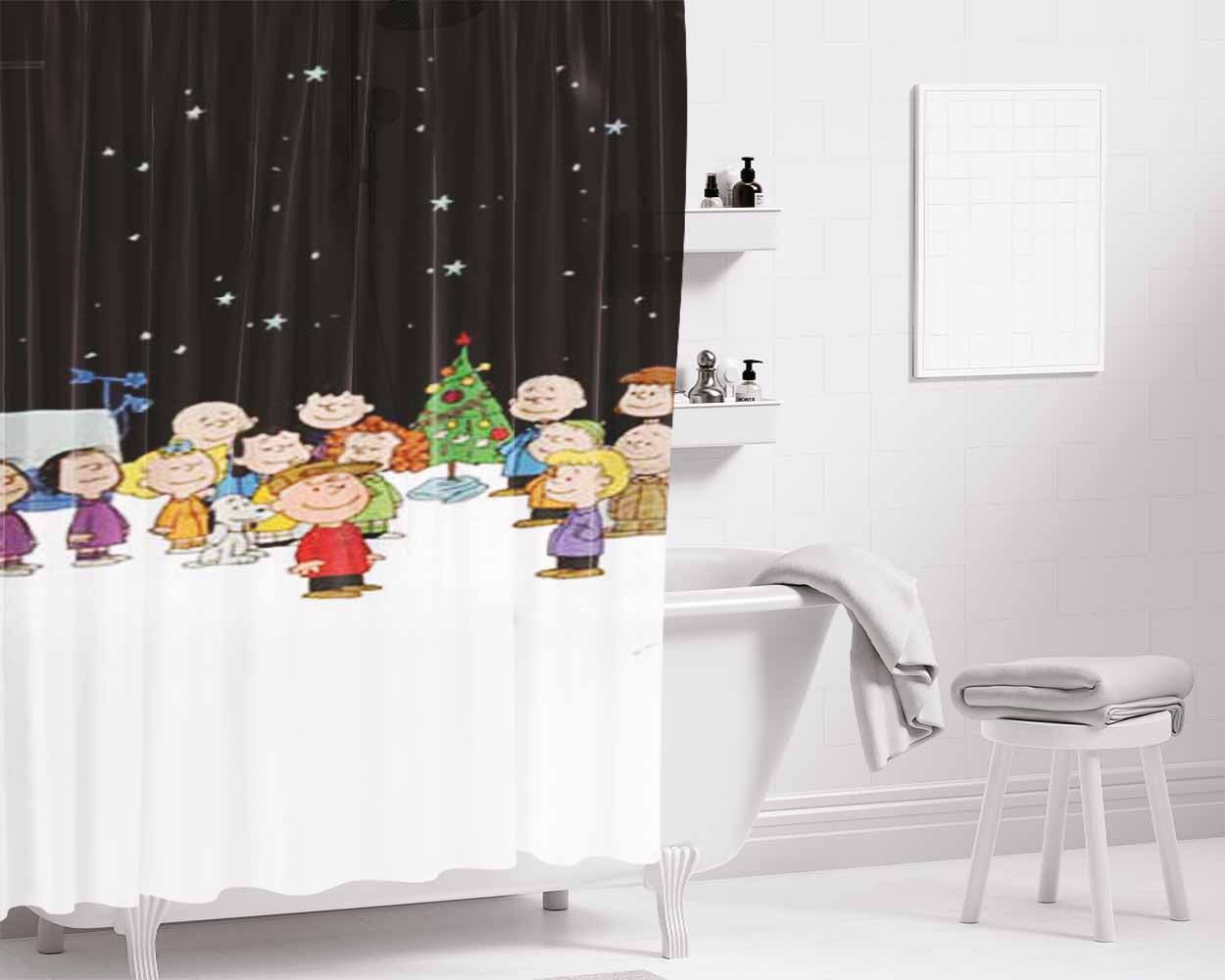 Peanuts Christmas Blk Sky Bathroom Shower Curtain Fabric Waterproof | 66 X 72 Inch